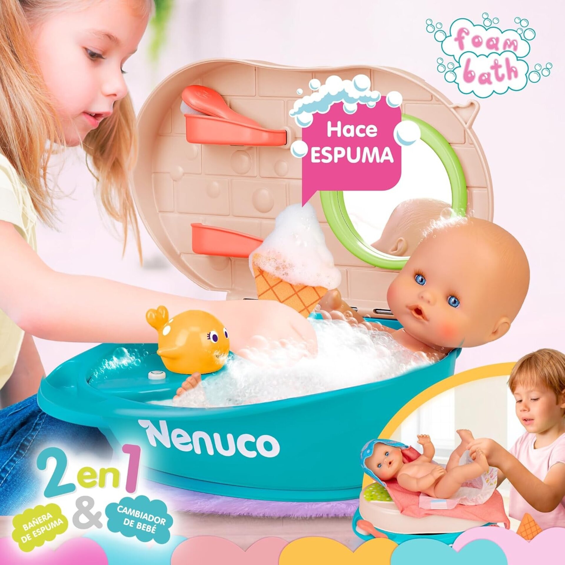 Nenuco Baño de Espuma, Muñeco Bebé de 35 cm y Cuerpo Duro, Tiene una Bañera - 3