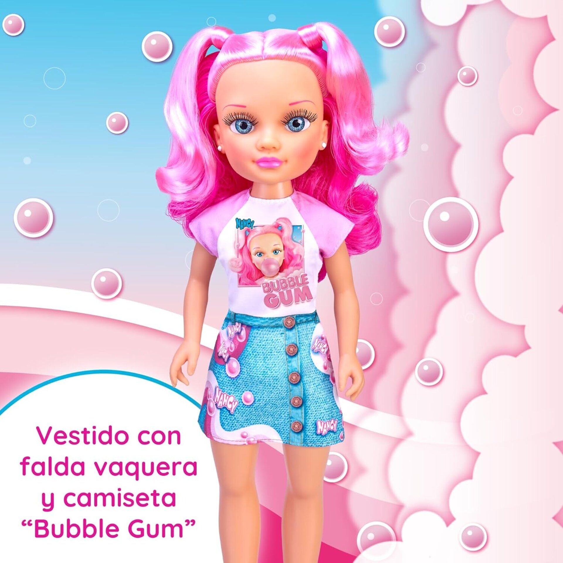 Nancy - Bubble Gum Summer Pack, Muñeca con Pelo Rosa Semirecogido en Dos Coletas - 2