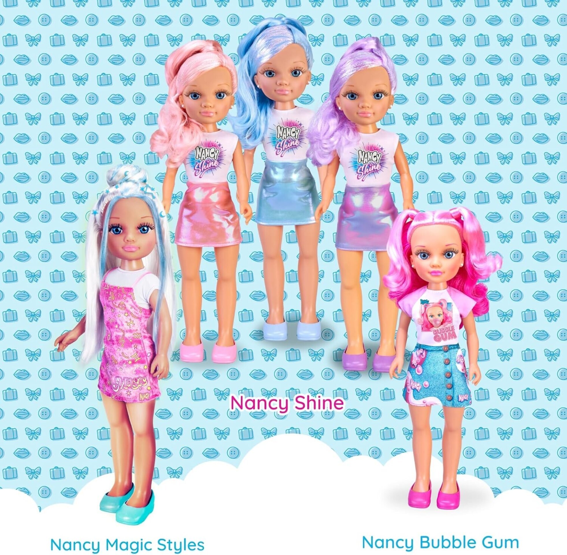 Nancy - Bubble Gum Summer Pack, Muñeca con Pelo Rosa Semirecogido en Dos Coletas - 7