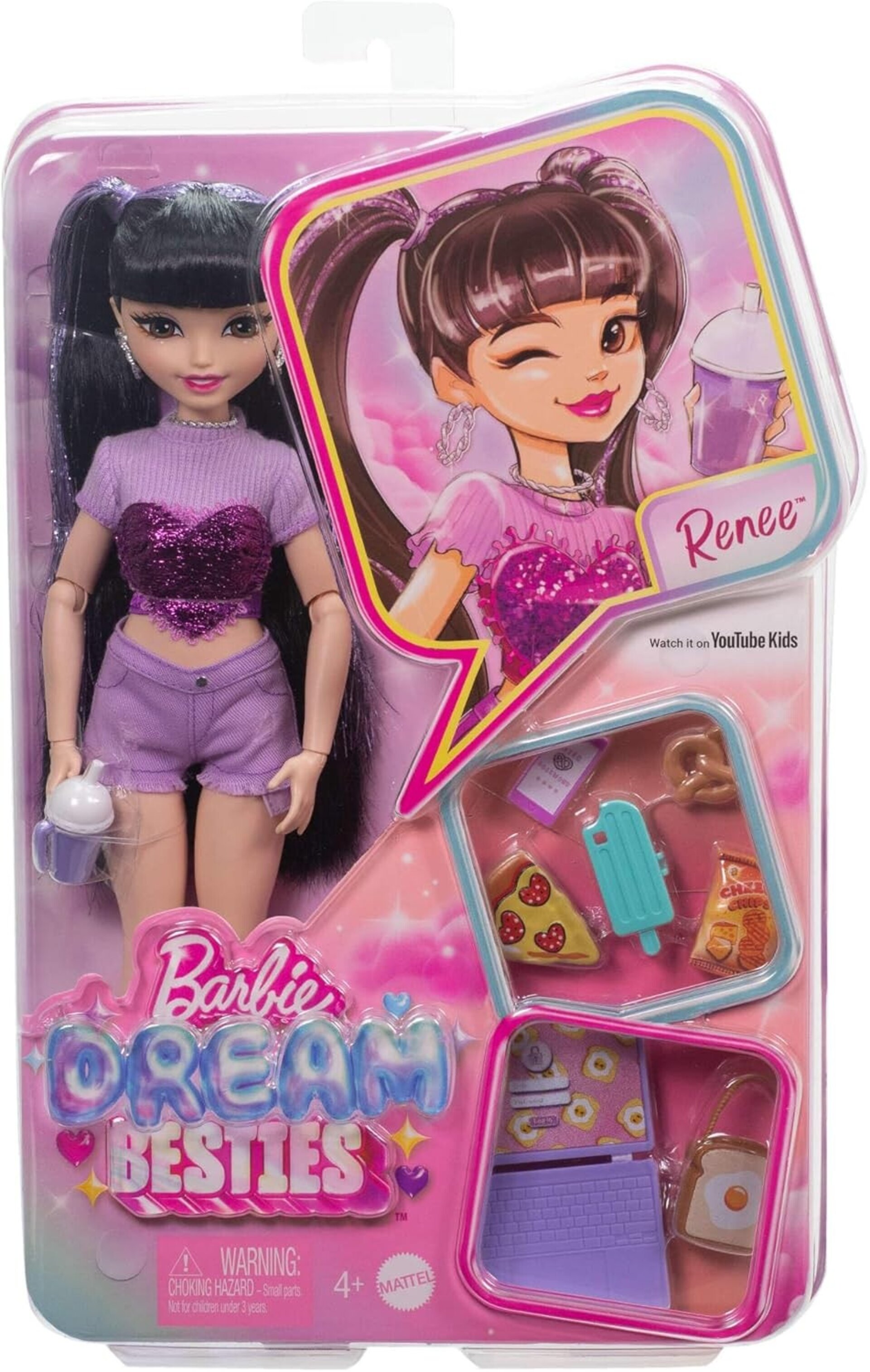 Barbie Dream Besties Renee, Muñeca con coletas altas, shorts morados y camiseta - 6