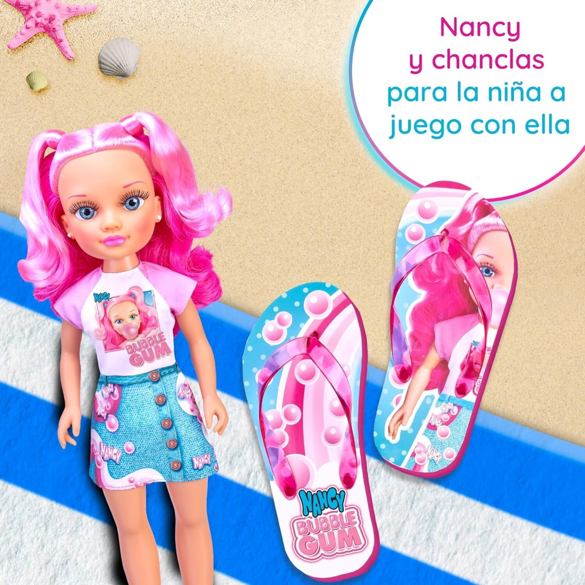 Nancy - Bubble Gum Summer Pack, Muñeca con Pelo Rosa Semirecogido en Dos Coletas - 3