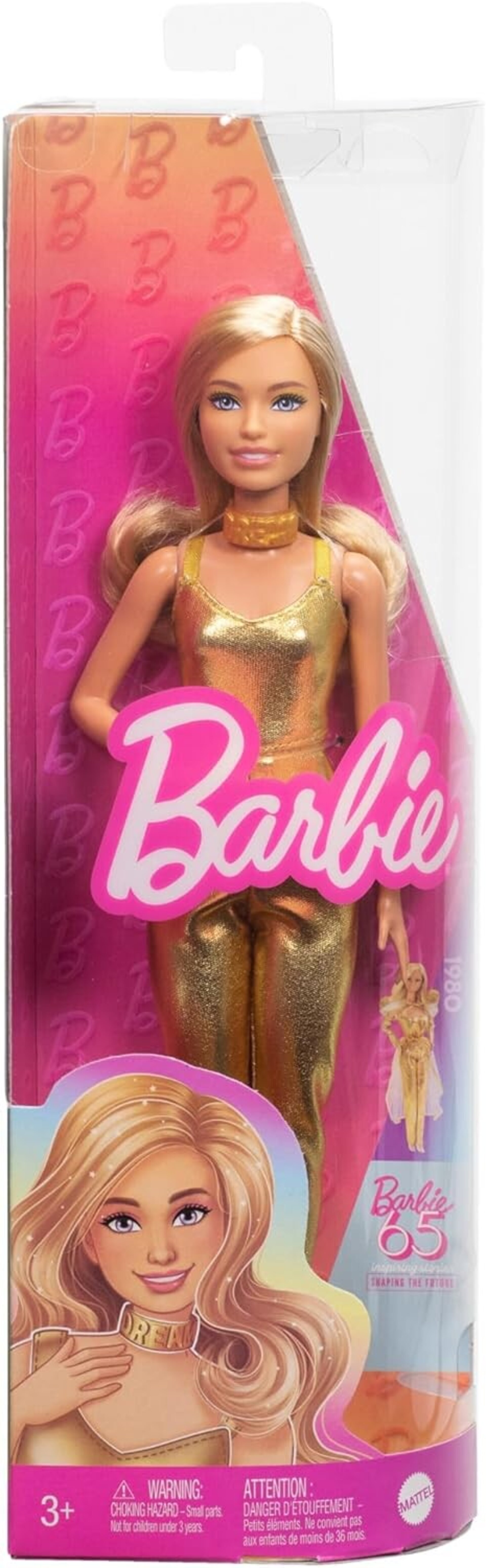 Barbie Fashionistas Muñeca con cuerpo pequeño, pelo rubio ondulado, mono dorado - 6