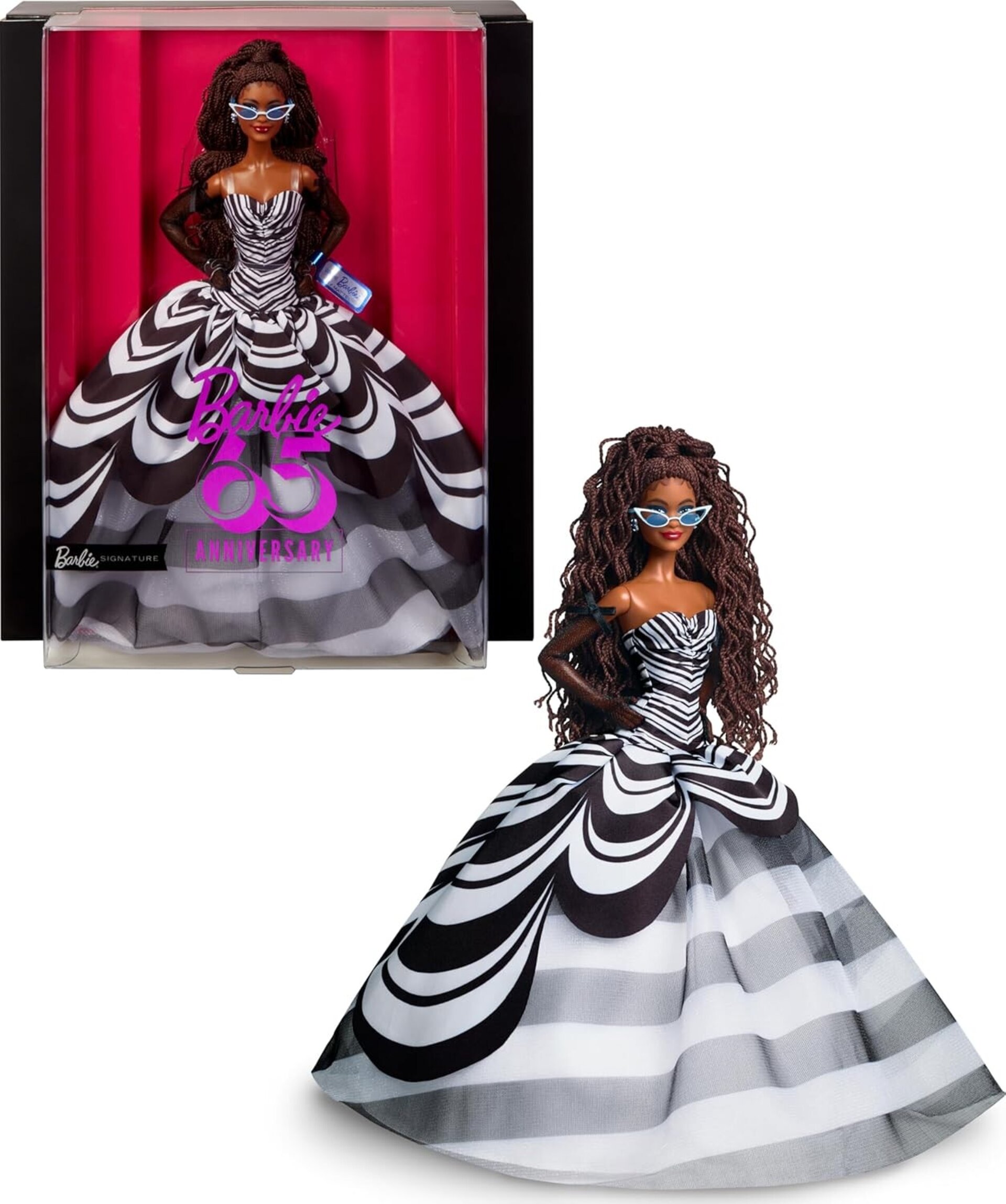 Barbie Signature 65 Aniversario Muñeca Morena con Vestido de Rayas Blancas y Neg - 6