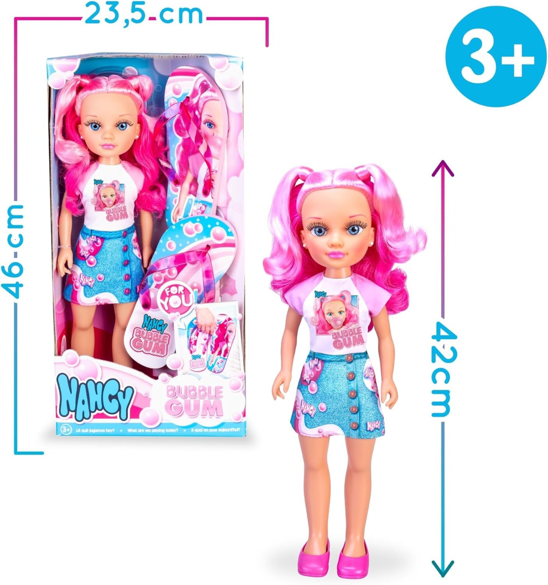 Nancy - Bubble Gum Summer Pack, Muñeca con Pelo Rosa Semirecogido en Dos Coletas - 5