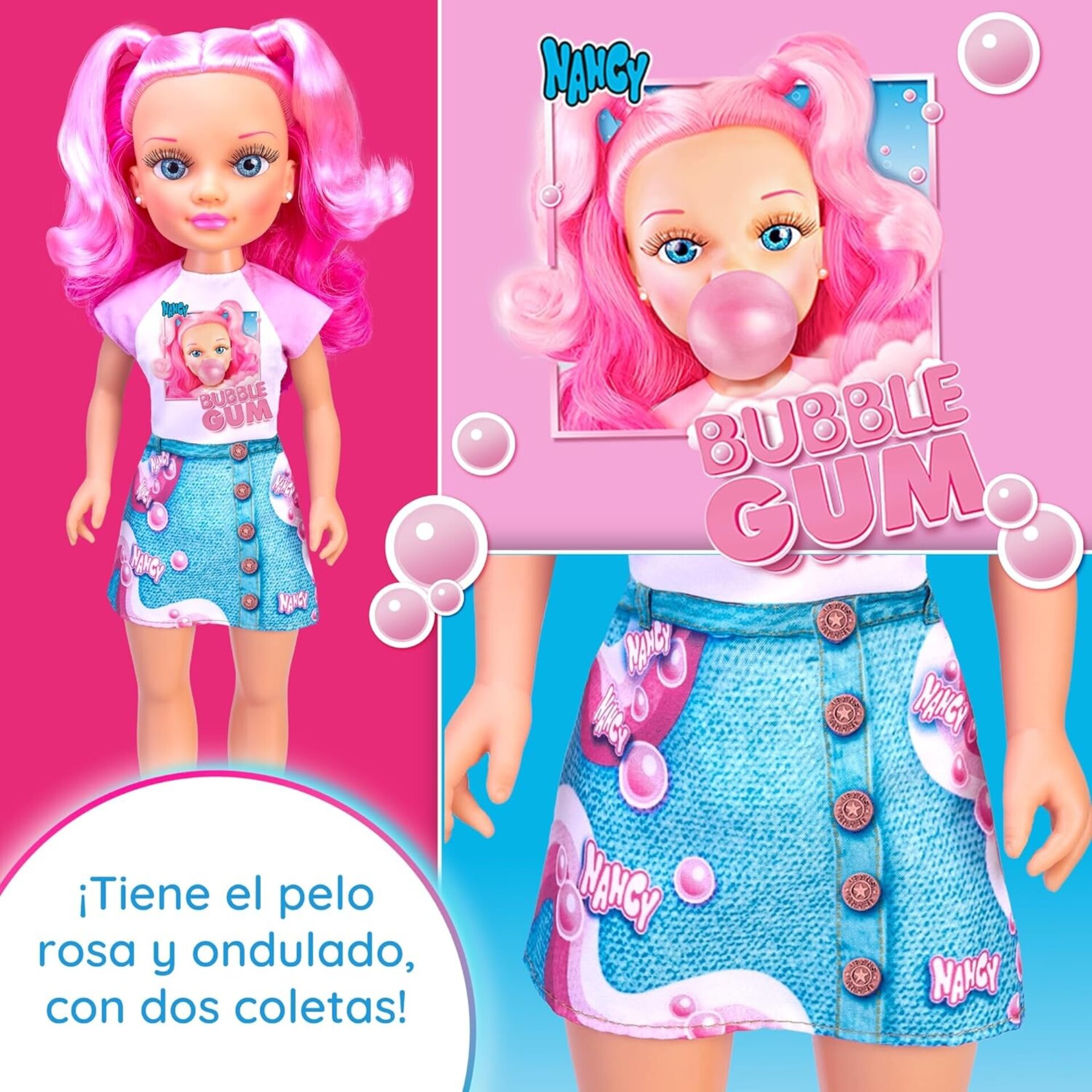 Nancy - Bubble Gum Summer Pack, Muñeca con Pelo Rosa Semirecogido en Dos Coletas - 6