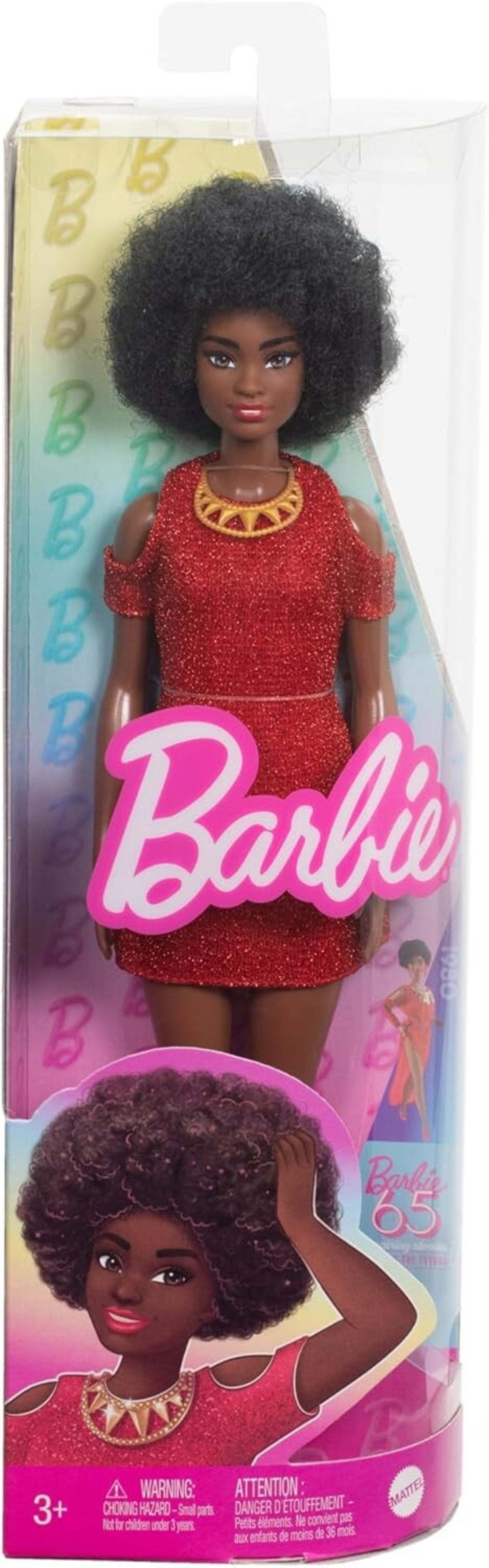 Barbie Fashionistas N.221, Muñeca con pelo negro rizado al natural, vestido rojo - 4