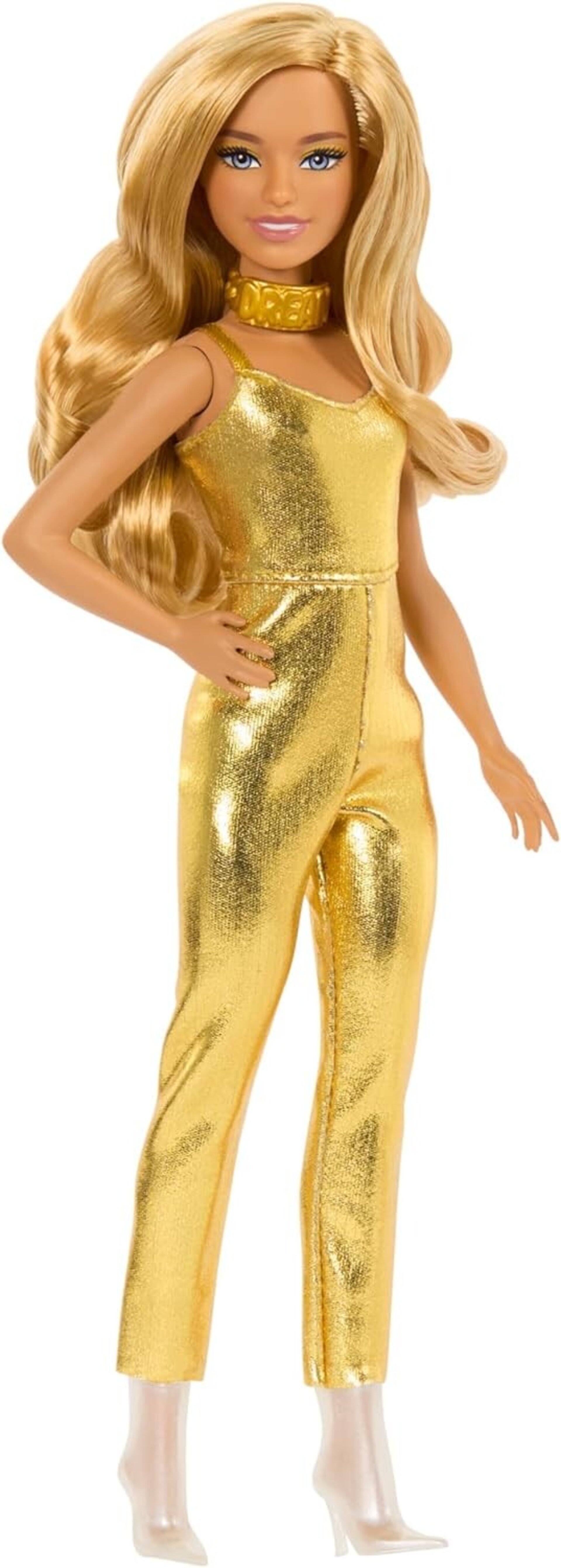 Barbie Fashionistas Muñeca con cuerpo pequeño, pelo rubio ondulado, mono dorado - 5