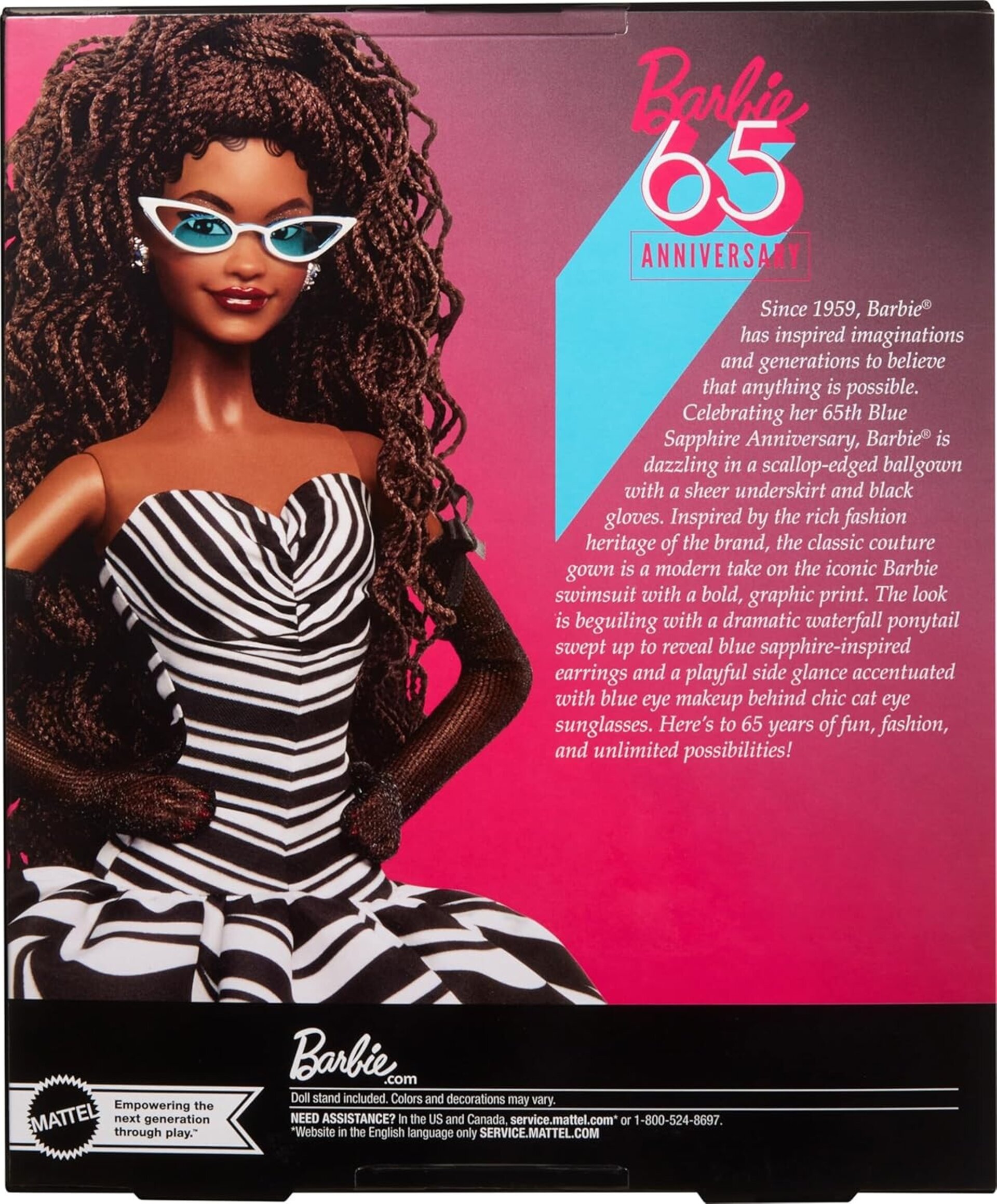 Barbie Signature 65 Aniversario Muñeca Morena con Vestido de Rayas Blancas y Neg - 7