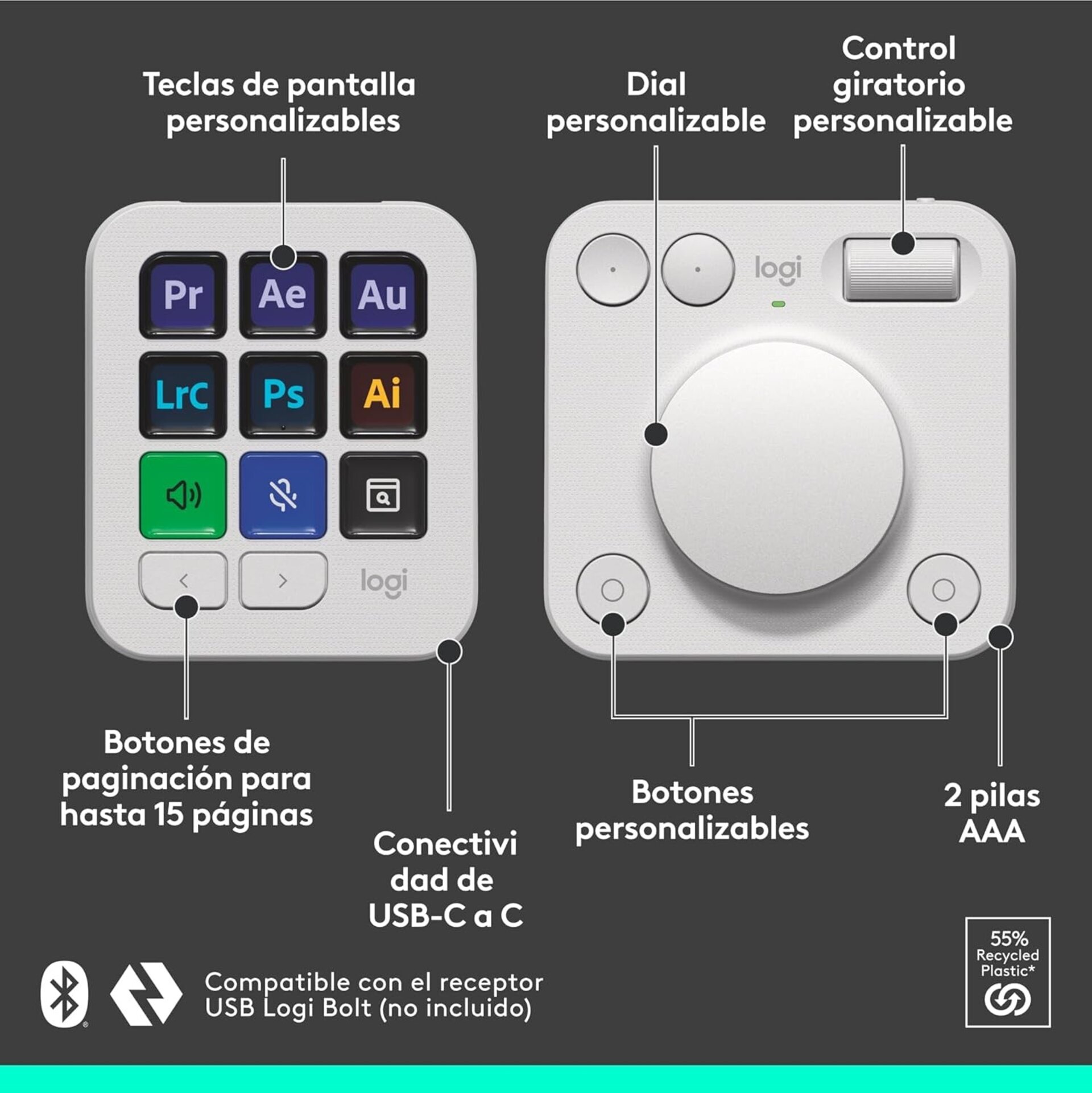 Logitech MX Creative Console, keypad programable con 9 teclas LCD personalizable - 3